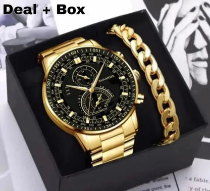 Pack Of 5 Mega Deal Men's Gift Wedding Watch Deal -Top Class High Quality Wrist Watch+Gold Stainless steel Luxury Italian Cuban Link Bracelet For Men/Boys Luxury Classic Business Sport Watch for Men / Boys AlRashid Shopping Store