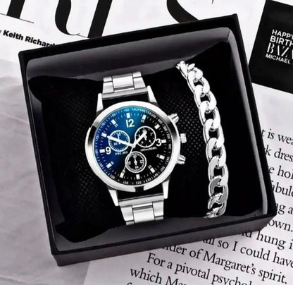 Pack Of 5 Mega Deal Men's Gift Wedding Watch Deal -Top Class High Quality Wrist Watch+Gold Stainless steel Luxury Italian Cuban Link Bracelet For Men/Boys Luxury Classic Business Sport Watch for Men / Boys AlRashid Shopping Store