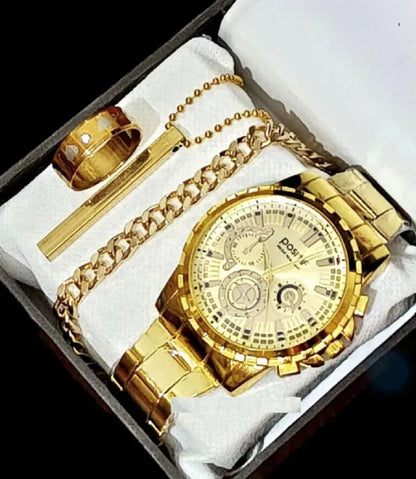 Pack Of 5 Mega Deal Men's Gift Wedding Watch Deal -Top Class High Quality Wrist Watch+Gold Stainless steel Luxury Italian Cuban Link Bracelet For Men/Boys Luxury Classic Business Sport Watch for Men / Boys AlRashid Shopping Store