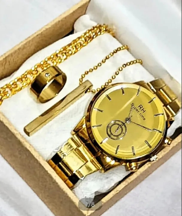 Pack Of 5 Mega Deal Men's Gift Wedding Watch Deal -Top Class High Quality Wrist Watch+Gold Stainless steel Luxury Italian Cuban Link Bracelet For Men/Boys Luxury Classic Business Sport Watch for Men / Boys AlRashid Shopping Store