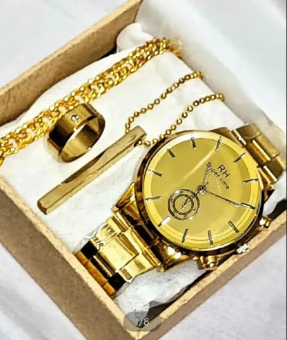 Pack Of 5 Mega Deal Men's Gift Wedding Watch Deal -Top Class High Quality Wrist Watch+Gold Stainless steel Luxury Italian Cuban Link Bracelet For Men/Boys Luxury Classic Business Sport Watch for Men / Boys AlRashid Shopping Store
